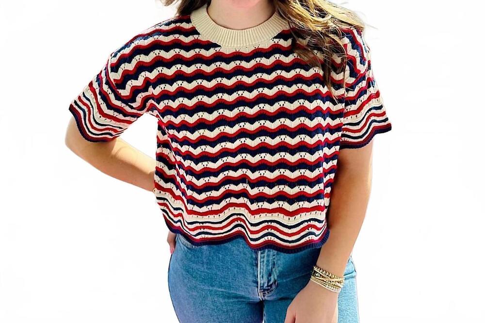 NEW HEM & THREAD open knit short sleeve sweater in red/ navy